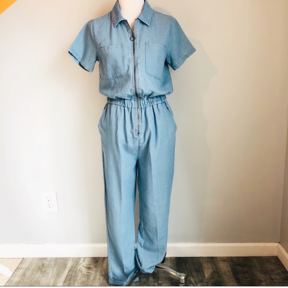 Polagram Chambray Jumpsuit Short Sleeve Zip Front